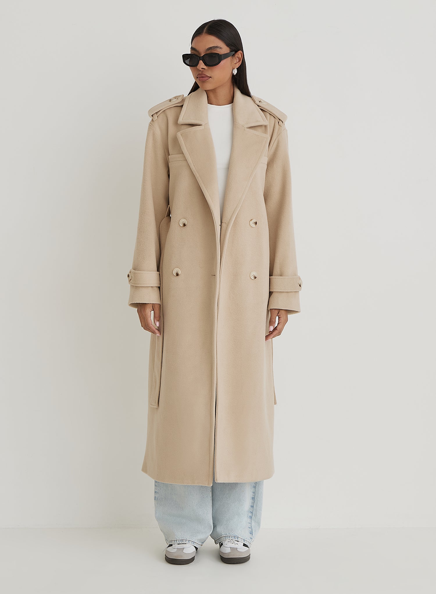 Beige Tailored Belted Longline Trench Coat